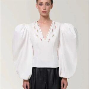 ANOUKI Designer Sz L Rose Ebroidered-Collar Puff-Sleeve Victorian Blouse NWOT